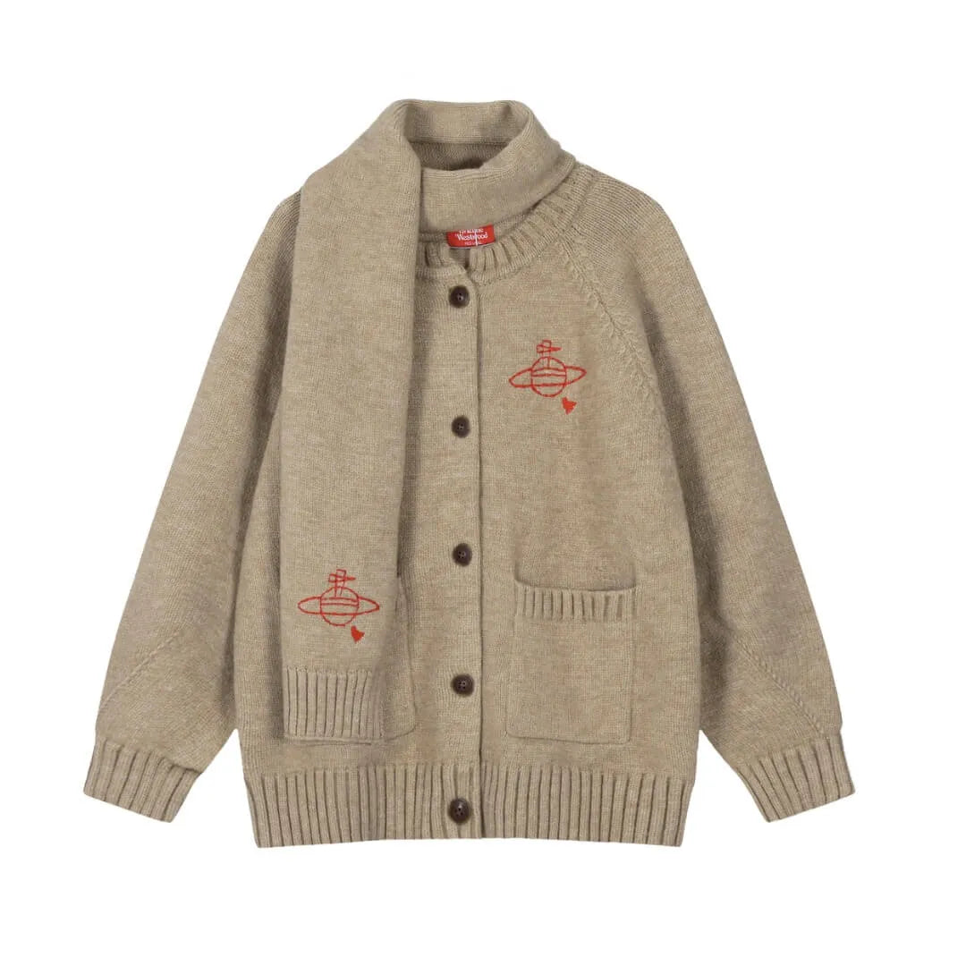 Embroidered Crest Cardigan with Matching Scarf