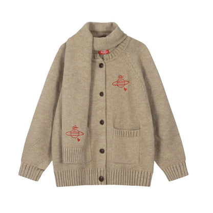 Embroidered Crest Cardigan with Matching Scarf