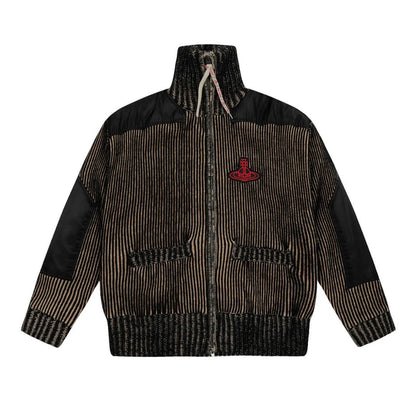  Striped Panel Zip-Up Cord Jacket