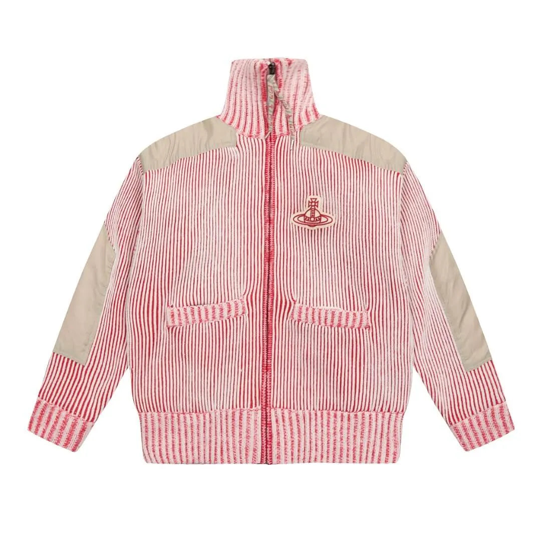  Striped Panel Zip-Up Cord Jacket