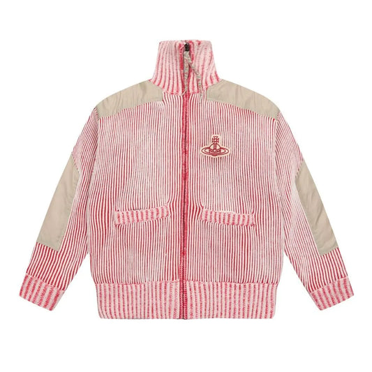  Striped Panel Zip-Up Cord Jacket