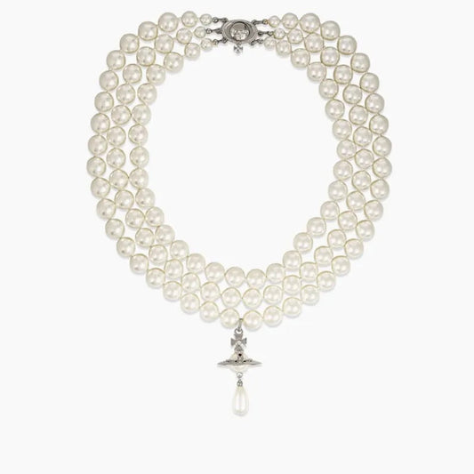 Triple-Layer Pearl Saturn Necklace with Teardrop Charm