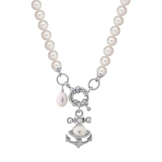 MARIALENA Nautical Pearl Necklace with Anchor & Orb Pendant