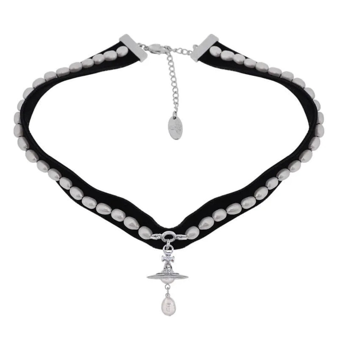 ALEKSA Velvet Baroque Pearls Choker Necklace