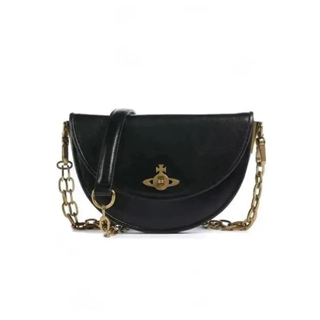 Half-Moon Chain Shoulder Bag with Saturn Emblem