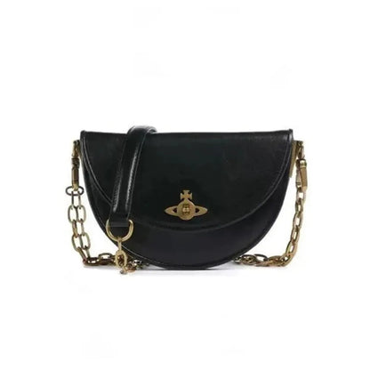 Half-Moon Chain Shoulder Bag with Saturn Emblem