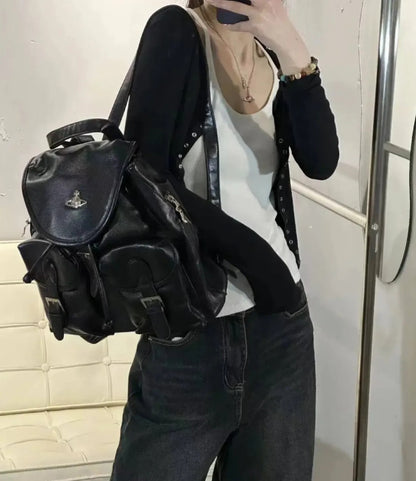 Vintage Leather Buckle Strap Backpack