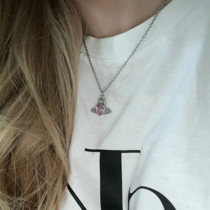 Saturn Heart Pendant Necklace with Zircon Accents