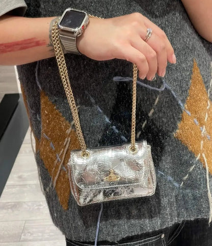 Metallic Leather Saturn Chain Crossbody Bag