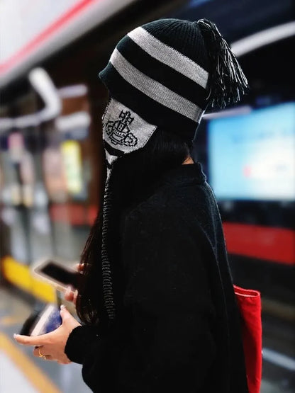  Bold Stripe Knit Tassel Beanie