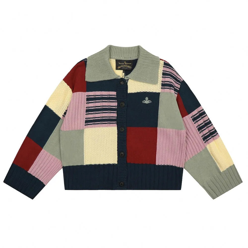  Colorblock Grid Knit Cardigan