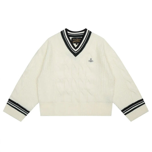 V-Neck Crest Cable Knit Sweater