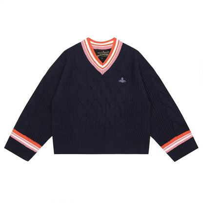 V-Neck Crest Cable Knit Sweater