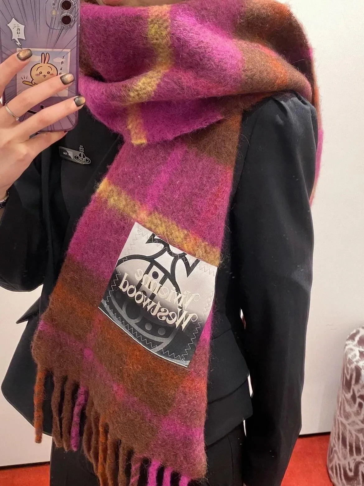 Checkered Wool Fringe Scarf