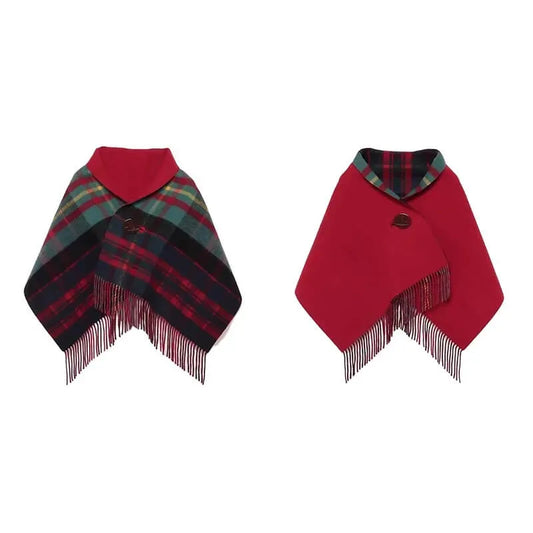 Reversible Plaid Button Poncho Cape