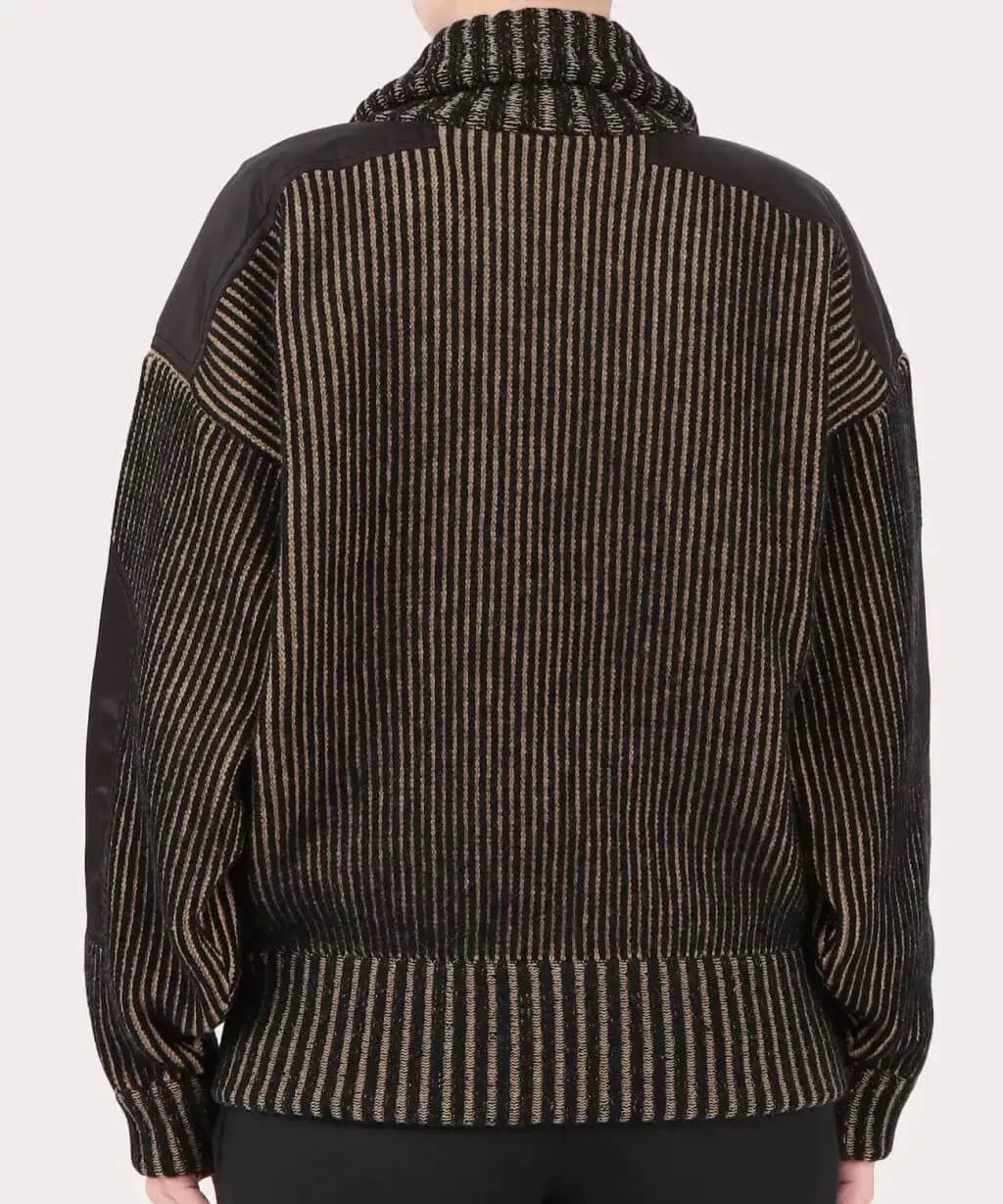  Striped Panel Zip-Up Cord Jacket