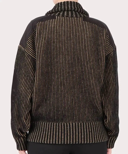  Striped Panel Zip-Up Cord Jacket