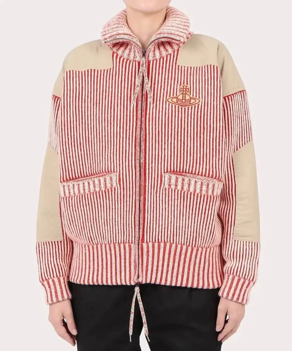  Striped Panel Zip-Up Cord Jacket