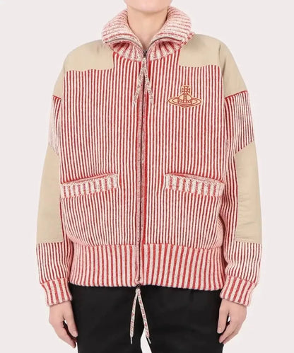  Striped Panel Zip-Up Cord Jacket