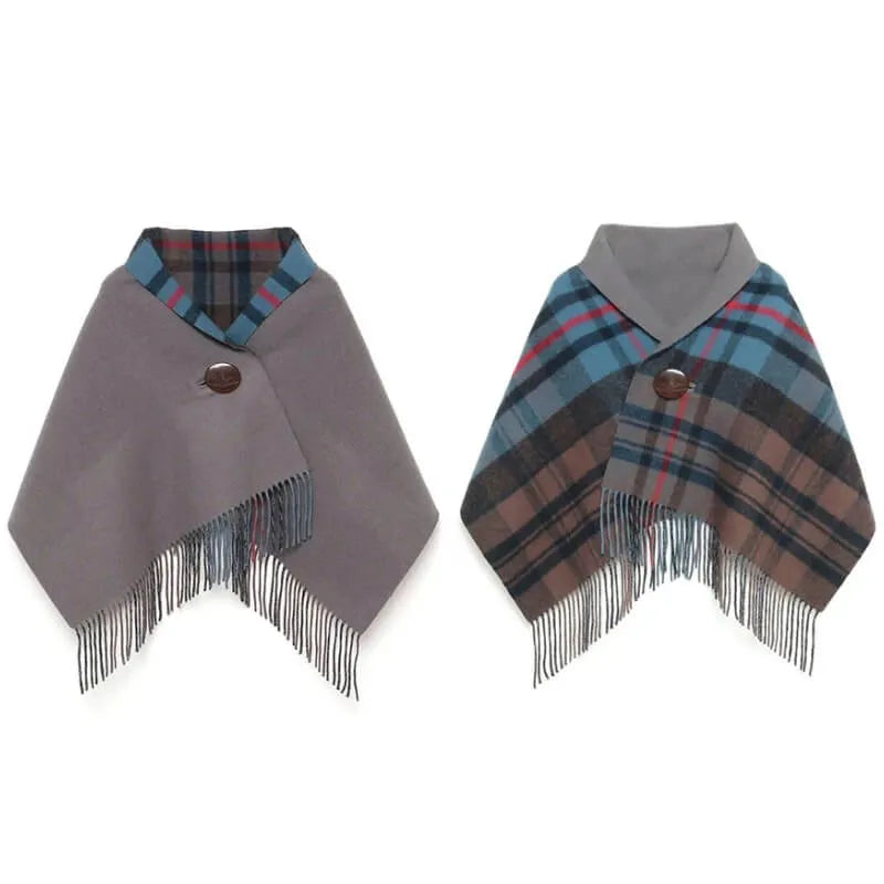 Reversible Plaid Button Poncho Cape