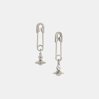 Silver Orb Safety Pin Drop Earrings