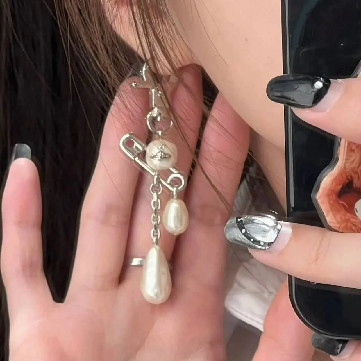 Multi-Drop Pearl Safety Pin Earrings