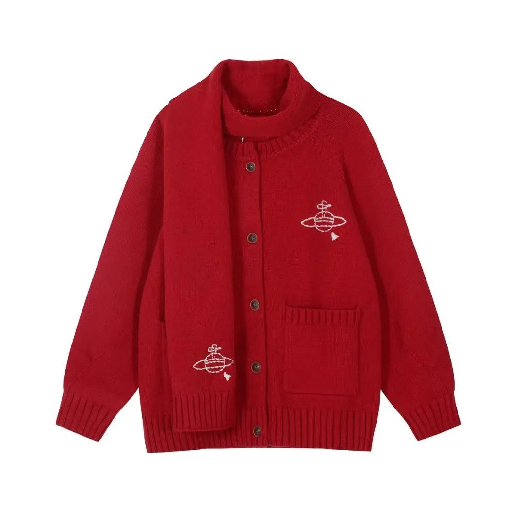 Embroidered Crest Cardigan with Matching Scarf