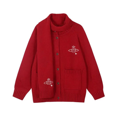Embroidered Crest Cardigan with Matching Scarf