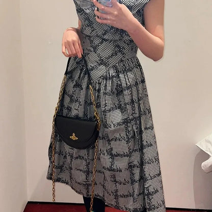 Half-Moon Chain Shoulder Bag with Saturn Emblem