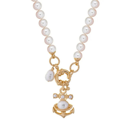 MARIALENA Nautical Pearl Necklace with Anchor & Orb Pendant