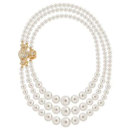 Regal Triple Strand Pearl Necklace with Embellished Orb Accent