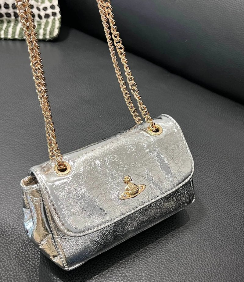 Metallic Leather Saturn Chain Crossbody Bag