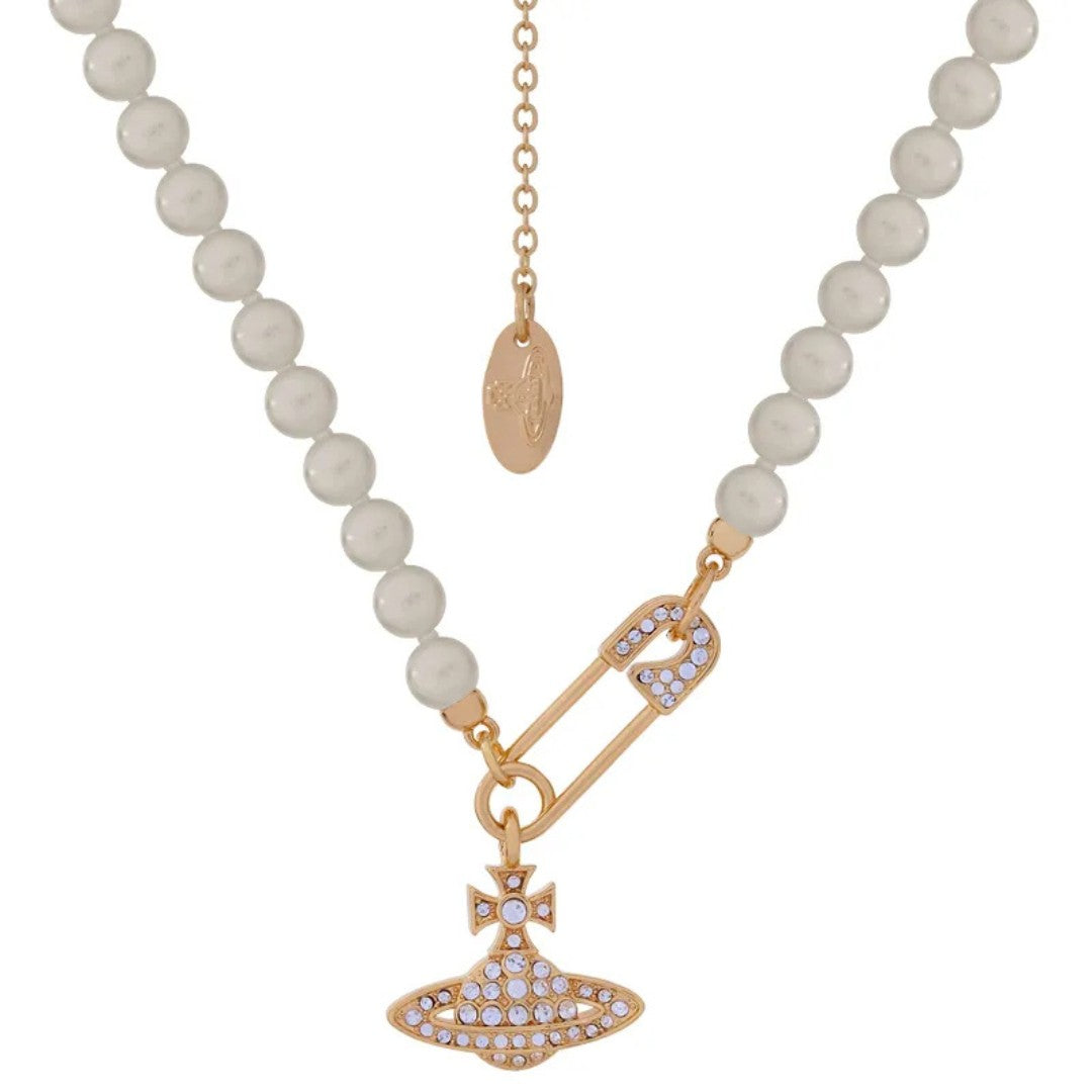 Full Diamond Saturn Pin Pearl Necklace