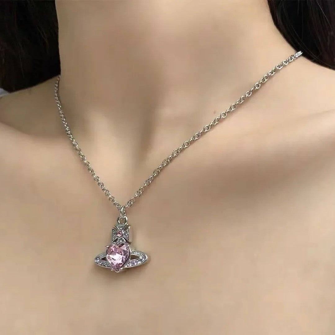 Saturn Heart Pendant Necklace with Zircon Accents