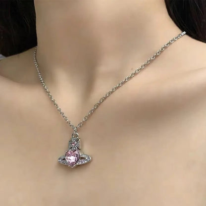 Saturn Heart Pendant Necklace with Zircon Accents