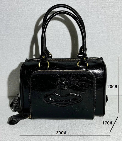 Structured Leather Boston Bag with Saturn Emblem