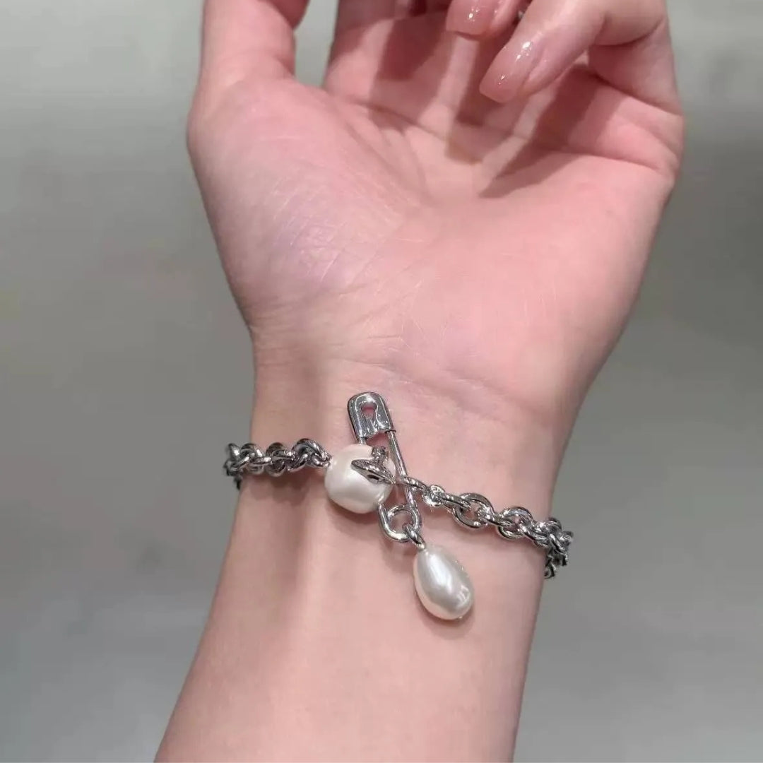Pearl Drop Safety Pin Chain Bracelet (with Box)
