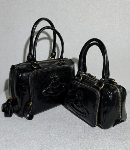 Structured Leather Boston Bag with Saturn Emblem