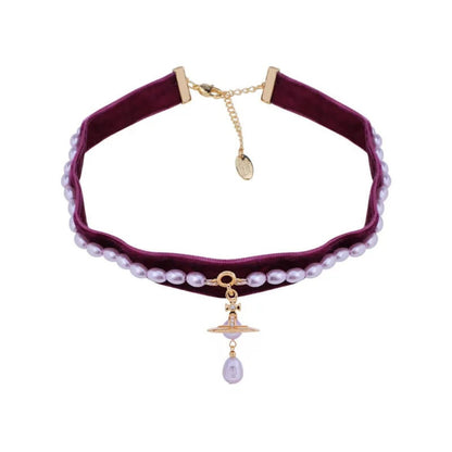 ALEKSA Velvet Baroque Pearls Choker Necklace