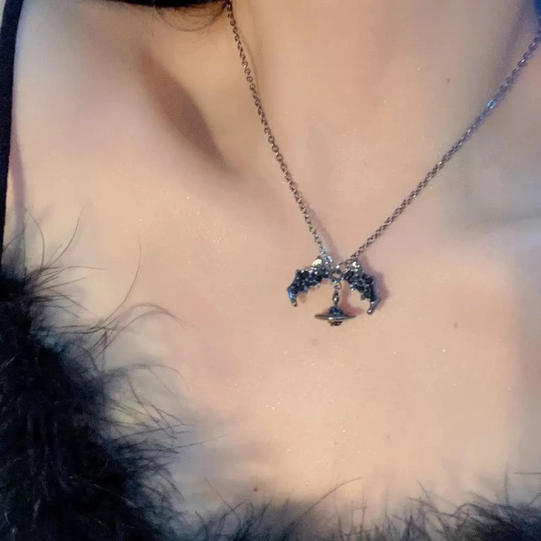 Gothic Bat Wings Saturn Necklace