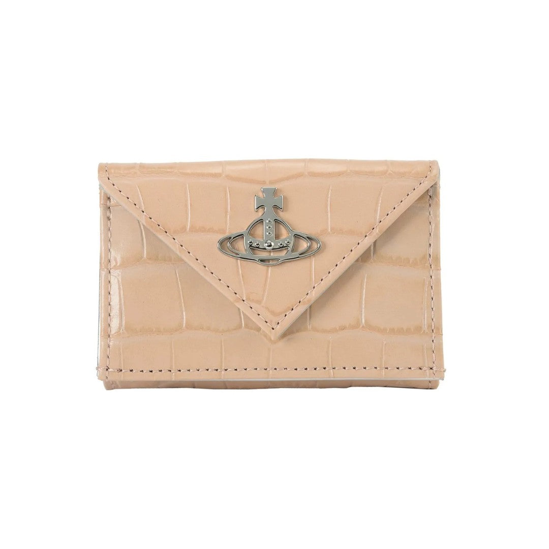 Envelope-Style Mini Leather Wallet with Metallic Emblem