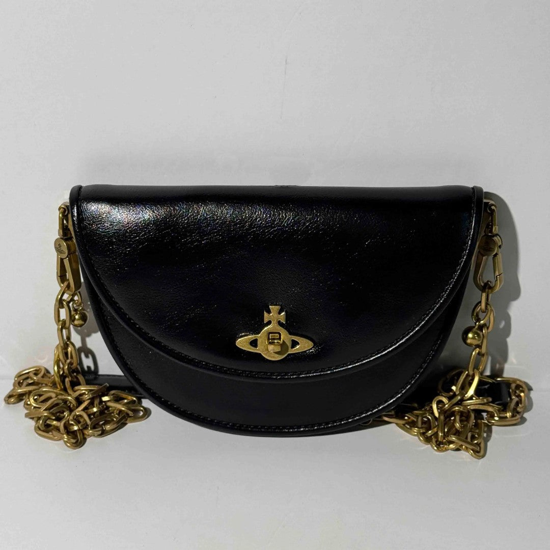 Half-Moon Chain Shoulder Bag with Saturn Emblem