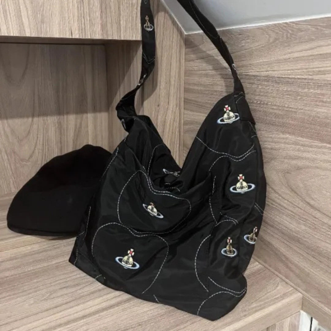 Embroidered Canvas Slouchy Shoulder Bag