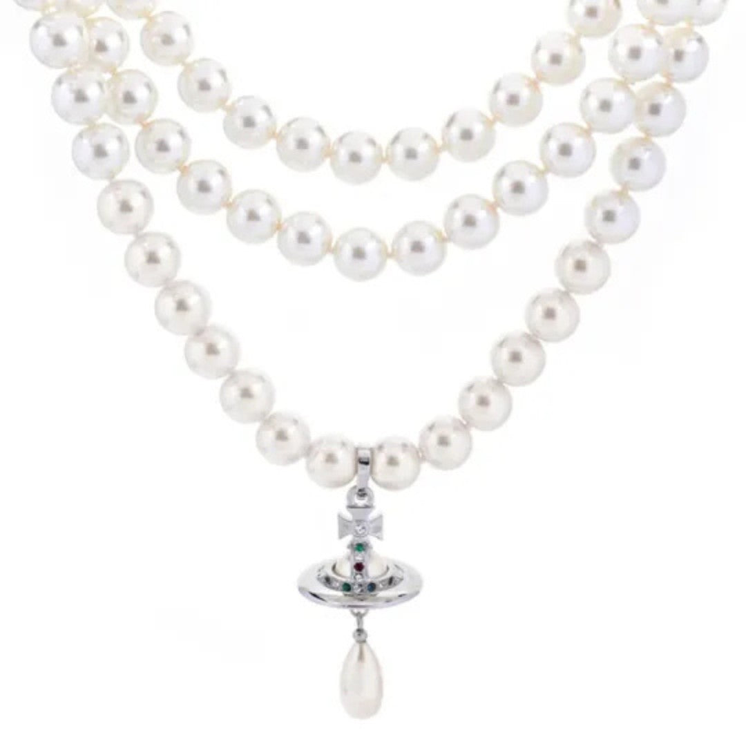 Triple-Layer Pearl Saturn Necklace with Teardrop Charm