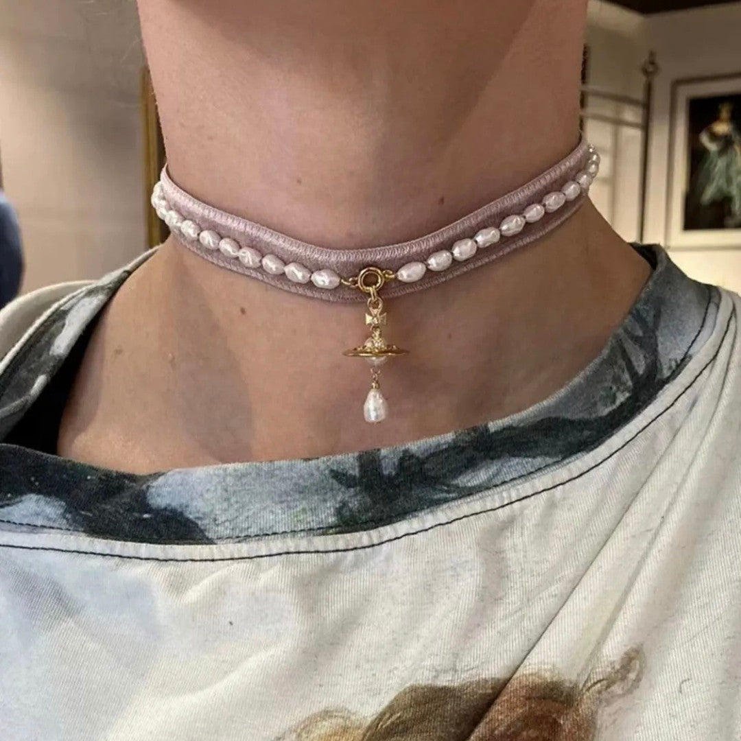 ALEKSA Velvet Baroque Pearls Choker Necklace