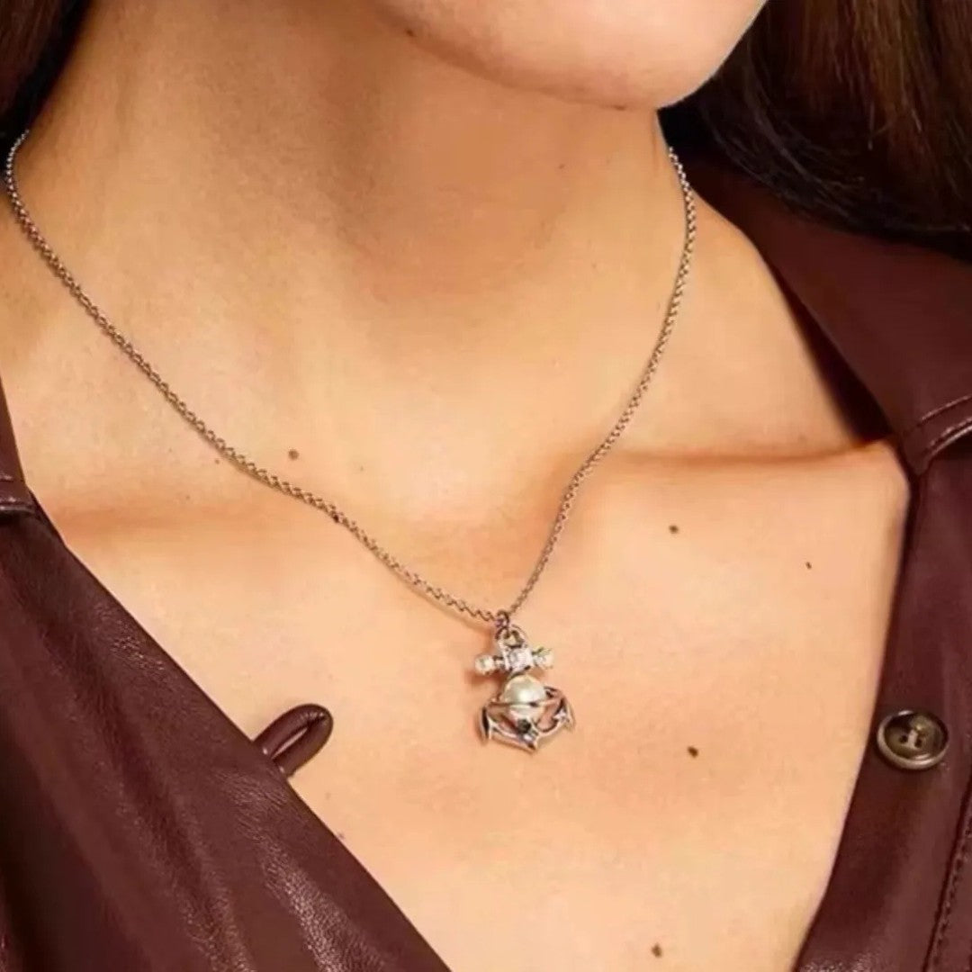 MARIALENA Petite Anchor Orb Pendant Necklace with Pearl Inlay