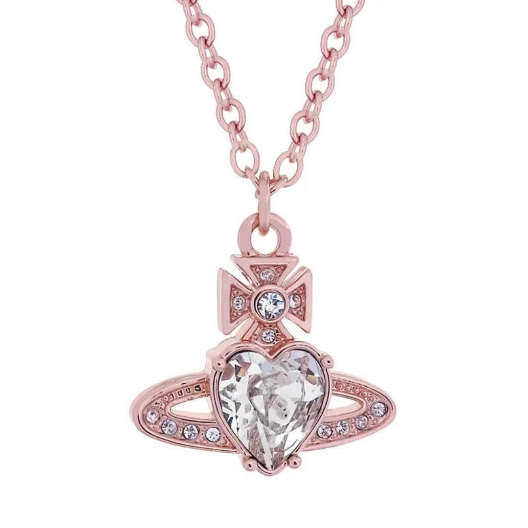 Saturn Heart Pendant Necklace with Zircon Accents