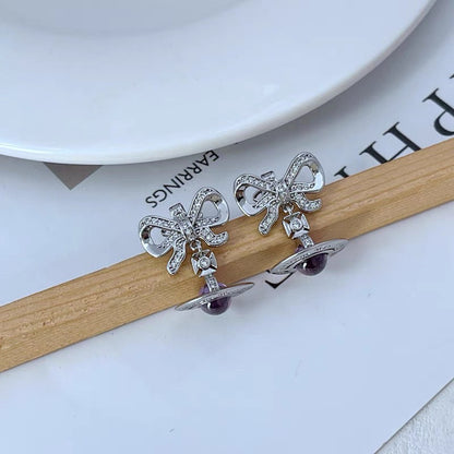 Silver and Purple bow orb earrings (with box)