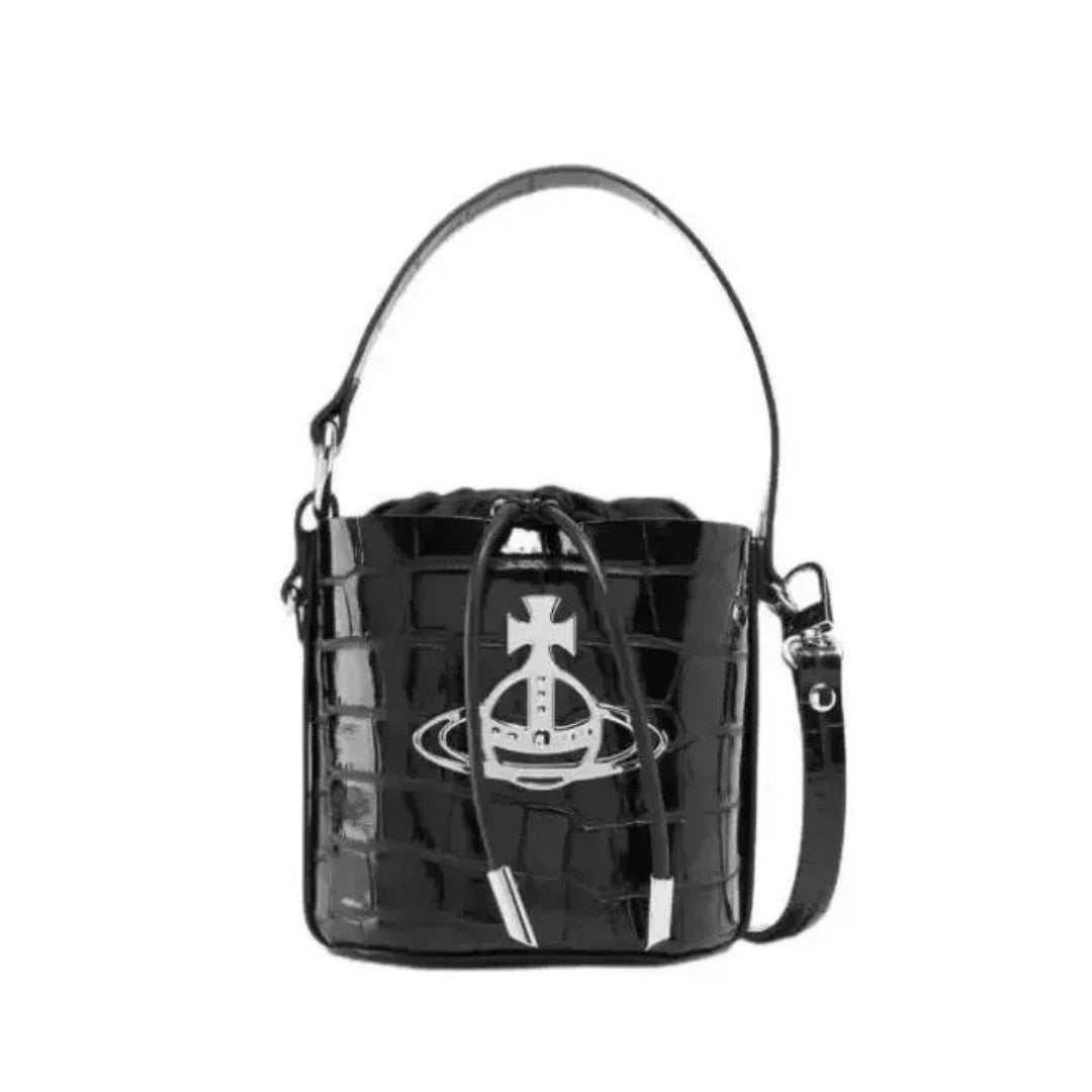 Croc-Effect Drawstring Bucket Bag