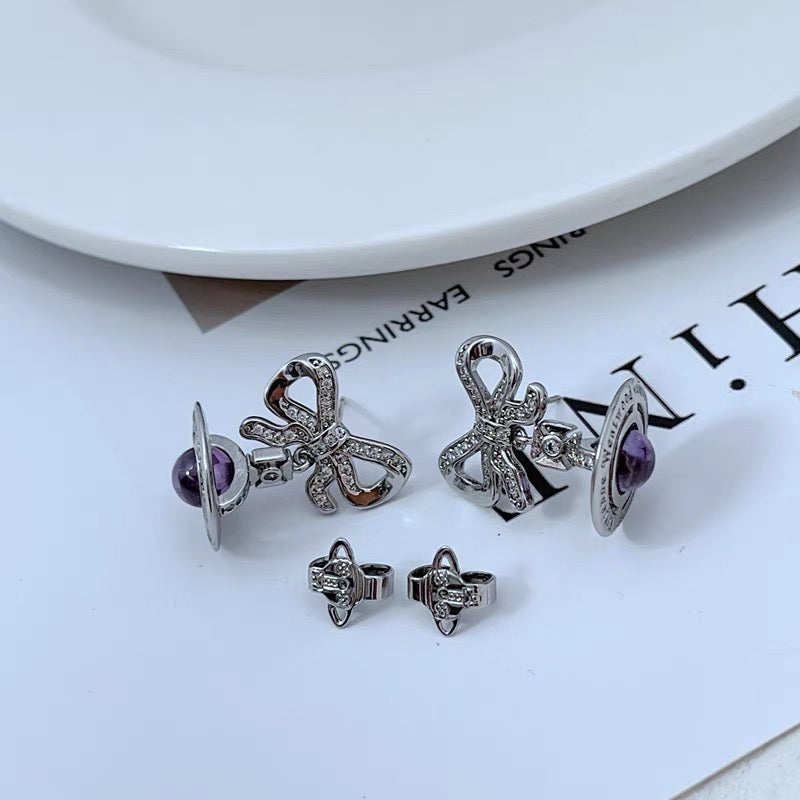 Silver and Purple bow orb earrings (with box)